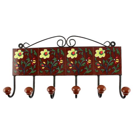 Ceramic Floral Tile Hook in Dark Brown